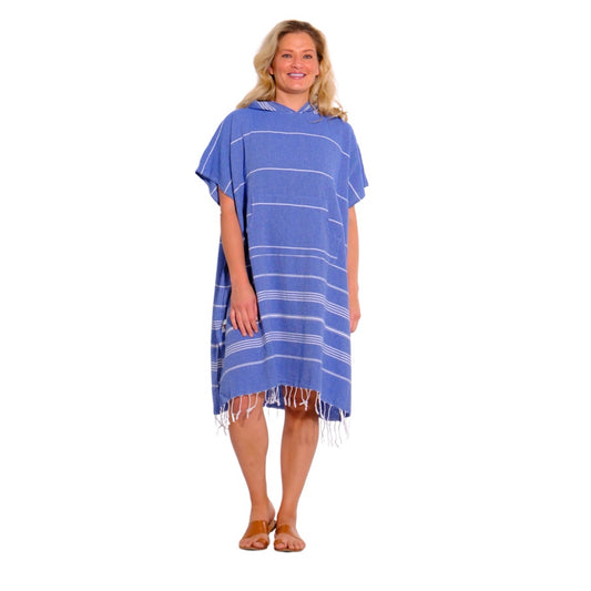 Adult Hooded Beach Towel in Blue and White – Quick-Dry Swim Poncho for Swimming & Surfing