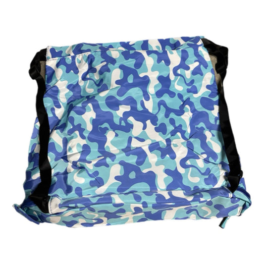 Blue camouflage kids swimming bag with black straps on a white background