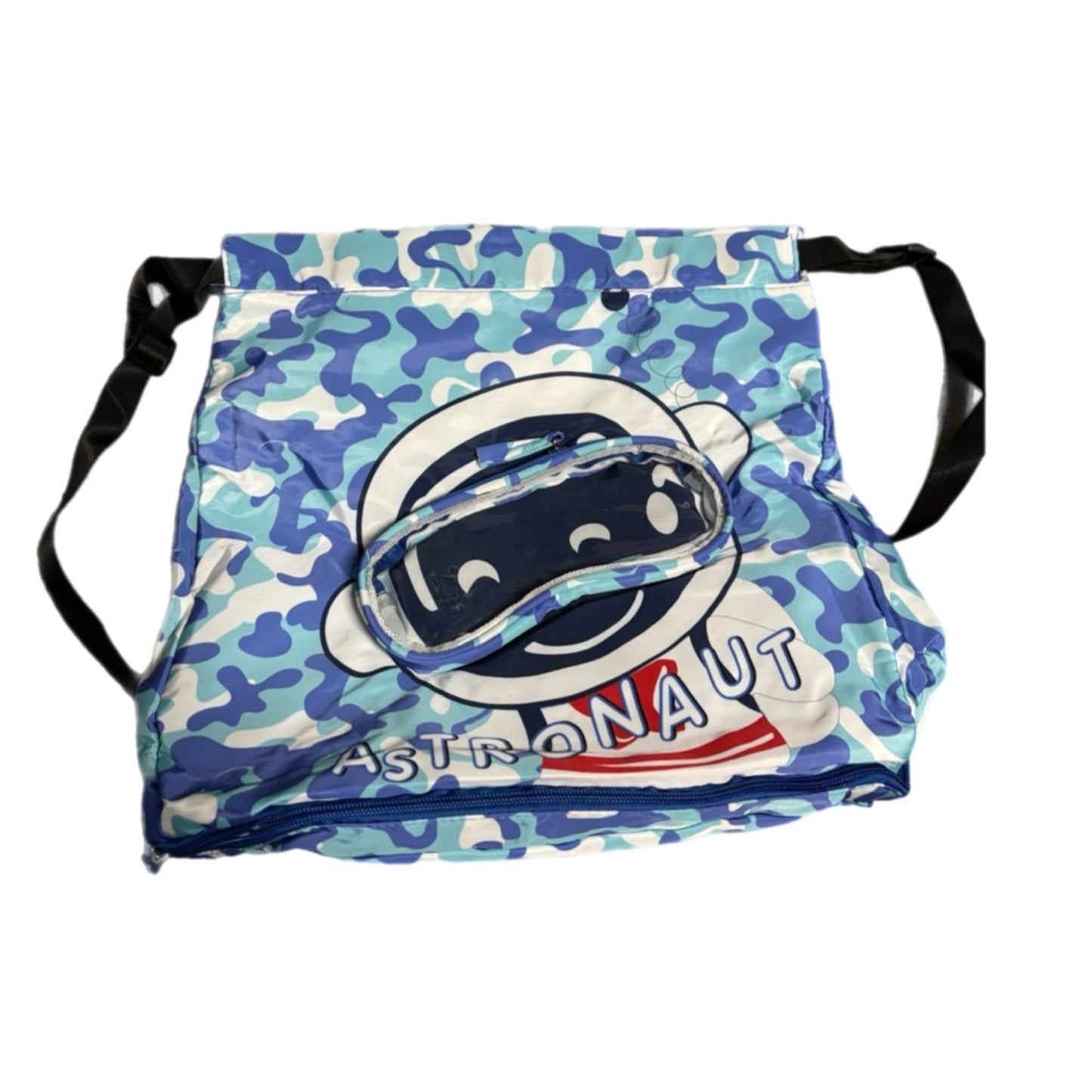 Drawstring swimming bag with blue camouflage pattern and astronaut design on a white background