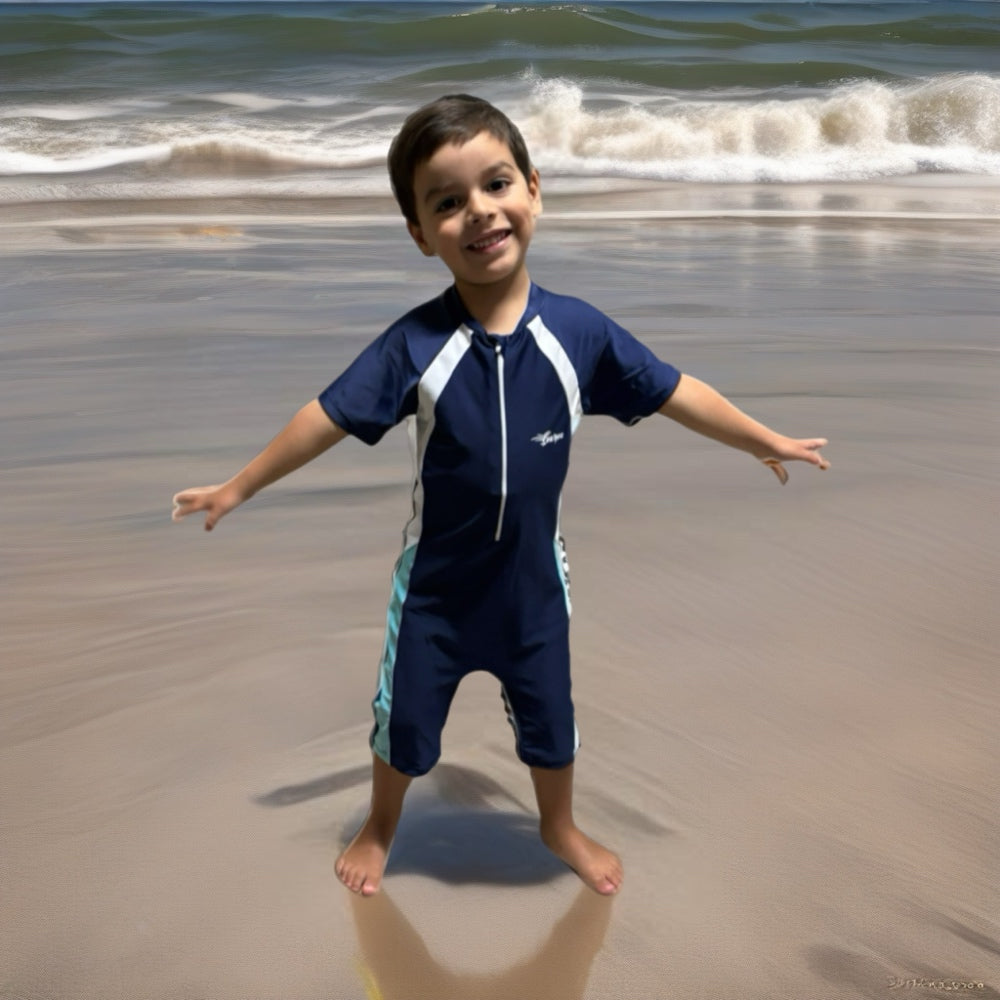 White & Blue Kids Short-Sleeve and Short Legs Rashie Swimsuit