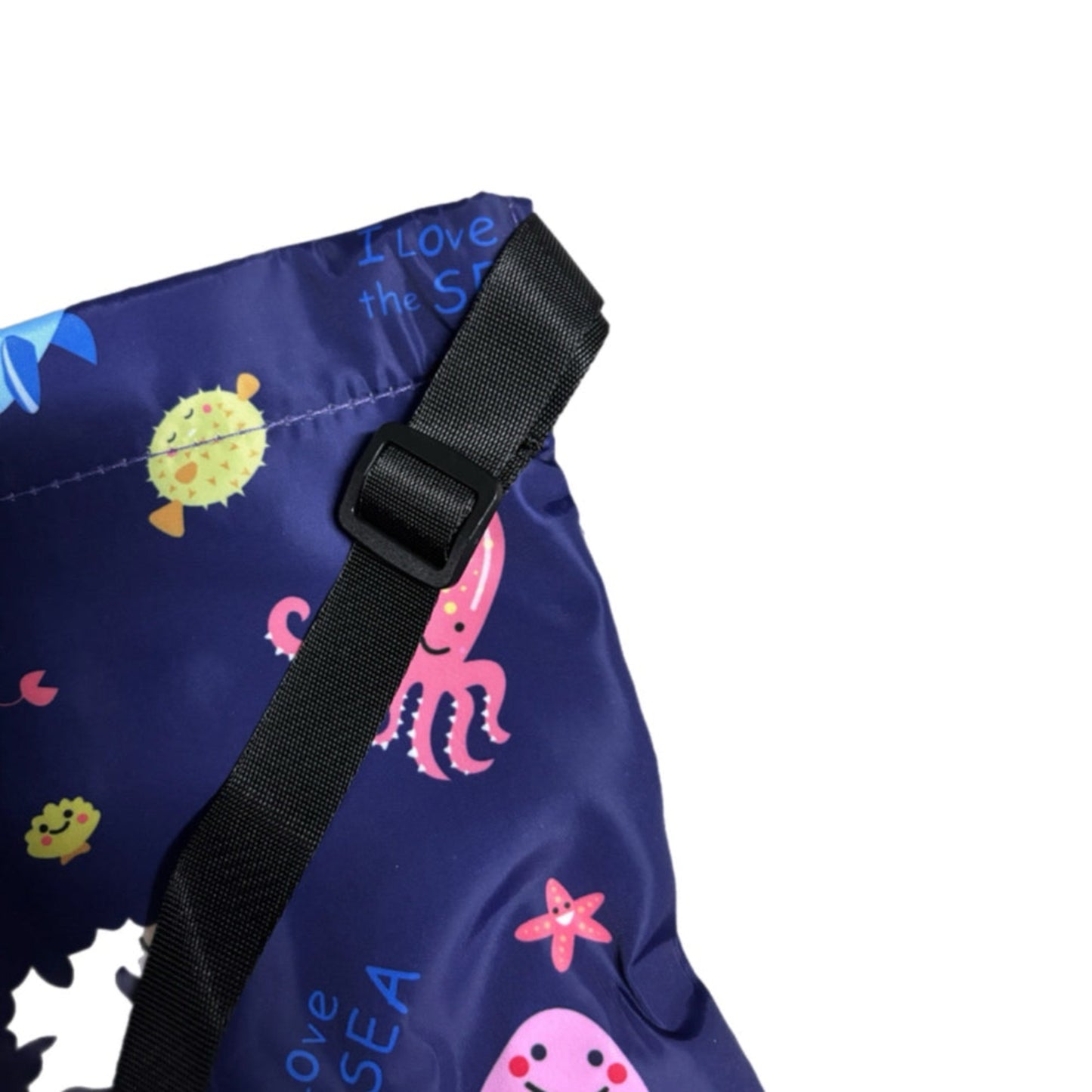 Children's swimming bag with sea-themed design and black strap on a white background