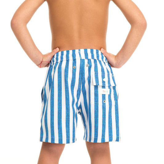 Blue and white striped swim shorts for boys