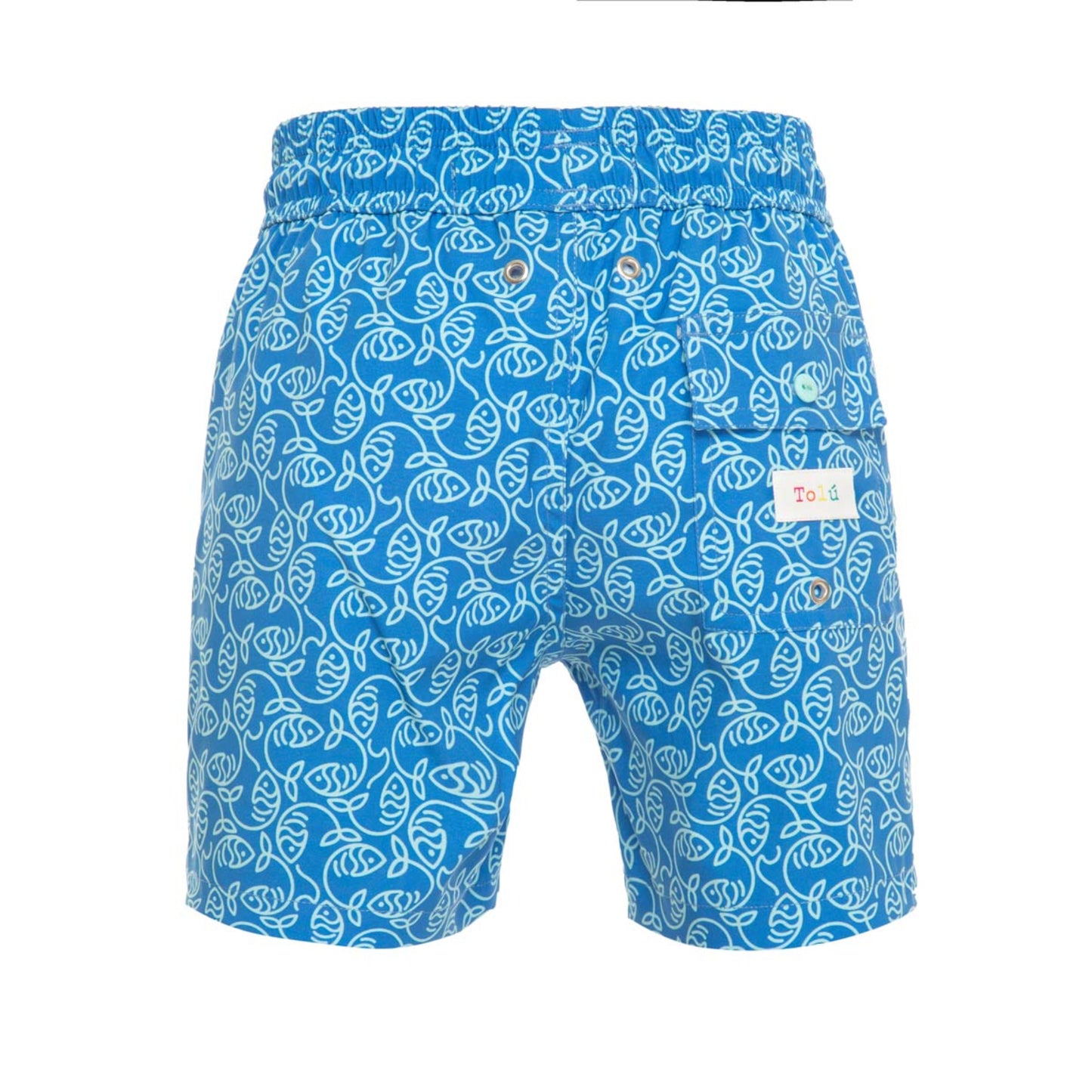 Blue swim shorts with white fish pattern on a white background