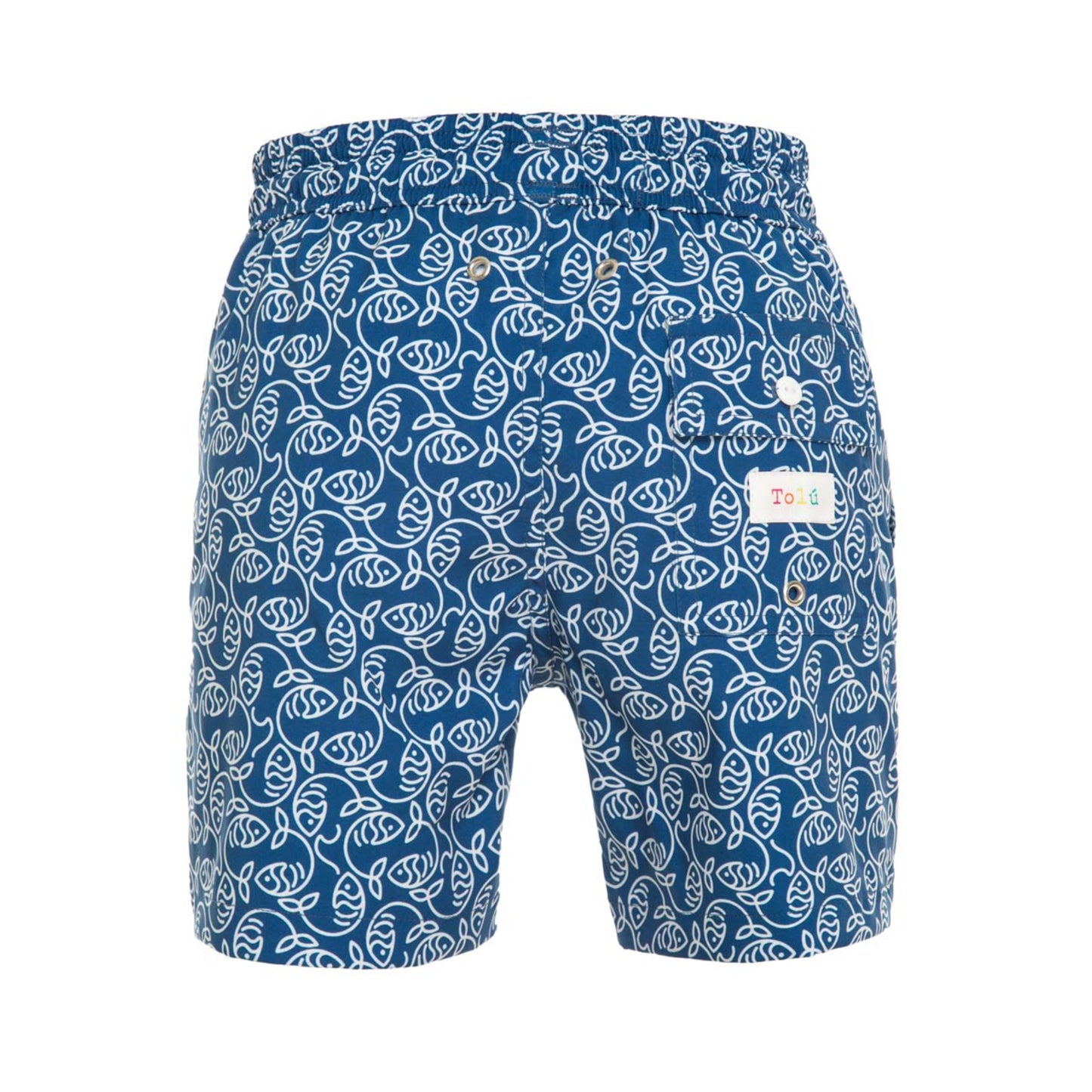 Blue swim shorts with white fish pattern on a white background