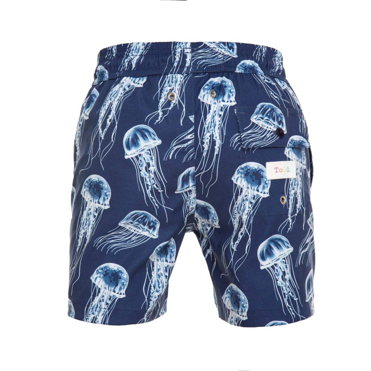 Navy blue swim shorts with jellyfish pattern on a white background