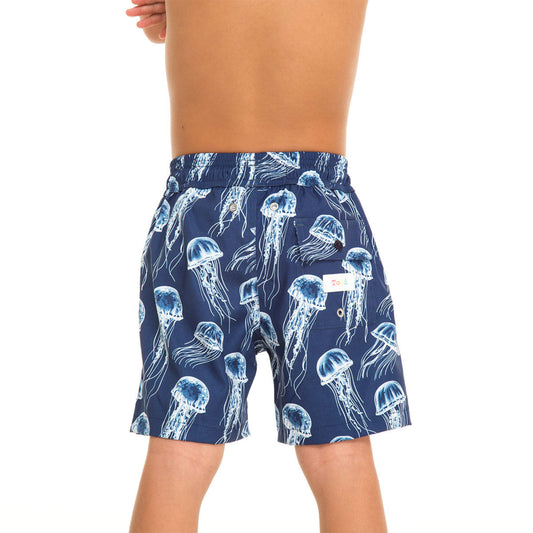 Navy blue swim shorts with jellyfish pattern on a white background