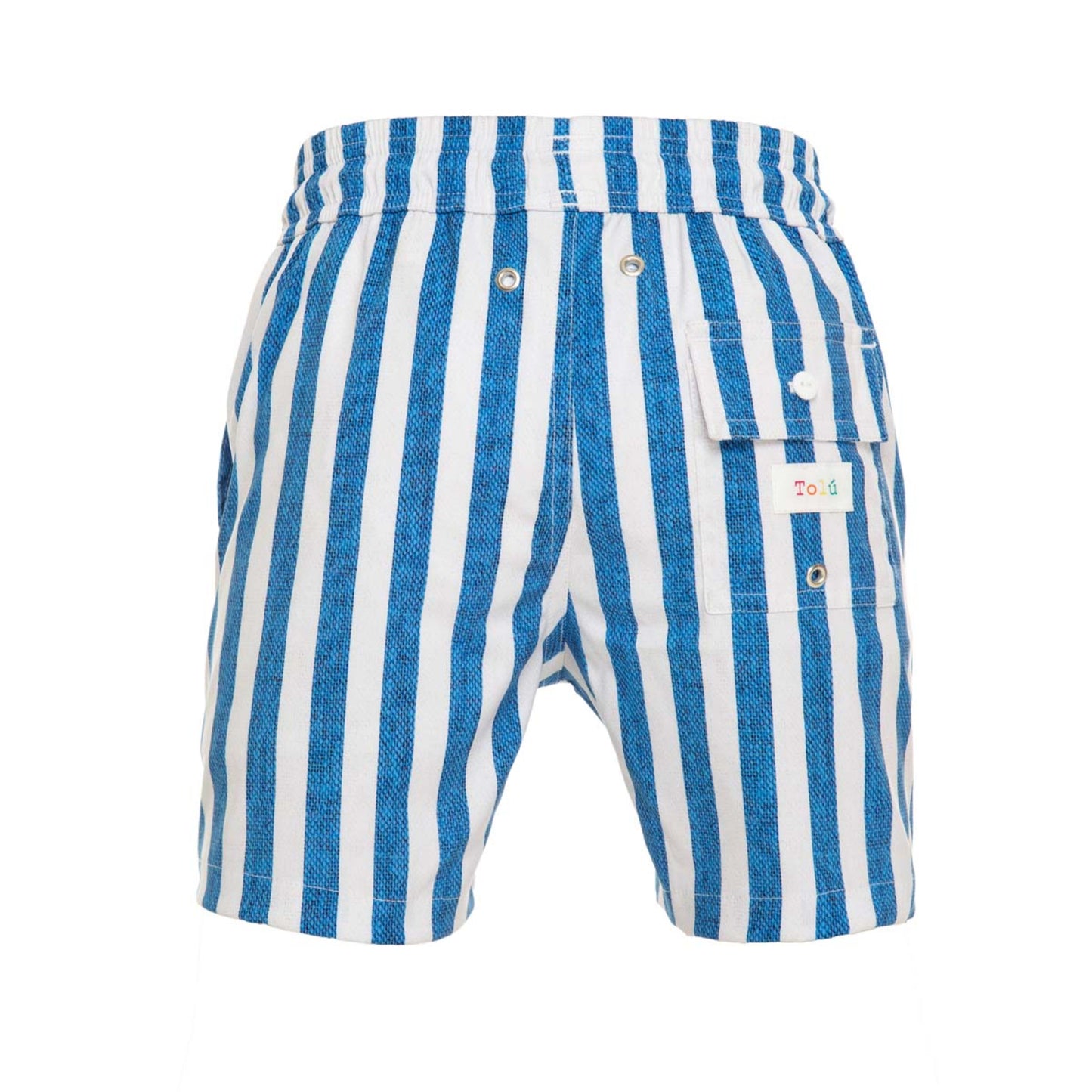Blue and white striped shorts on a white background