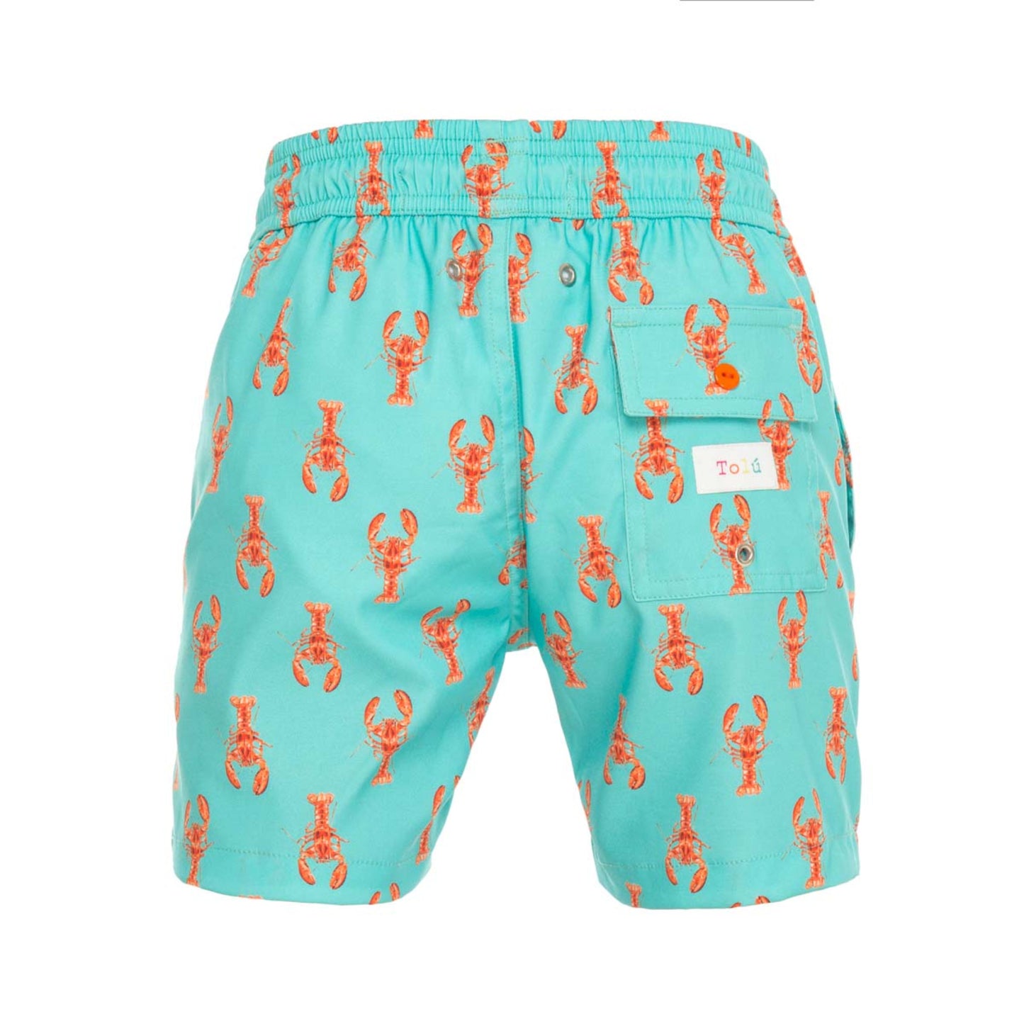 Turquoise shorts with orange lobster pattern on a white background