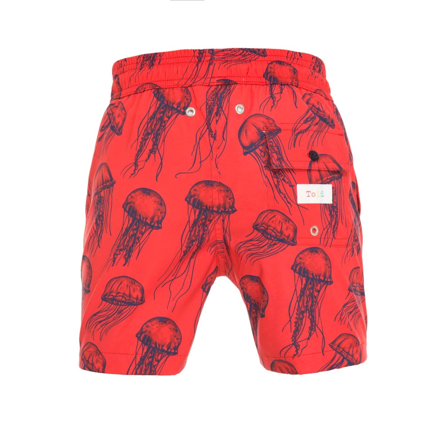 Red swim shorts with jellyfish pattern on a white background