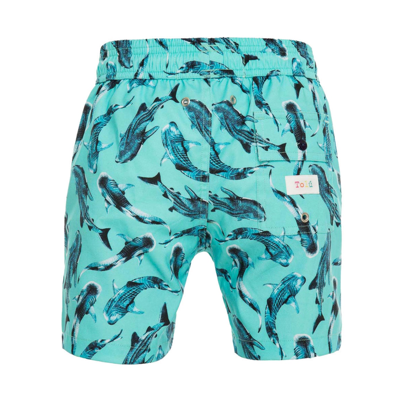 Turquoise swim shorts with shark pattern on a white background