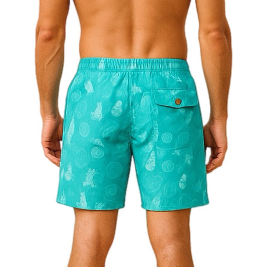 Mens' Turquoise Swim Shorts with Shells and Corals