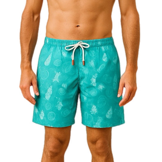 Mens' Turquoise Swim Shorts with Shells and Corals