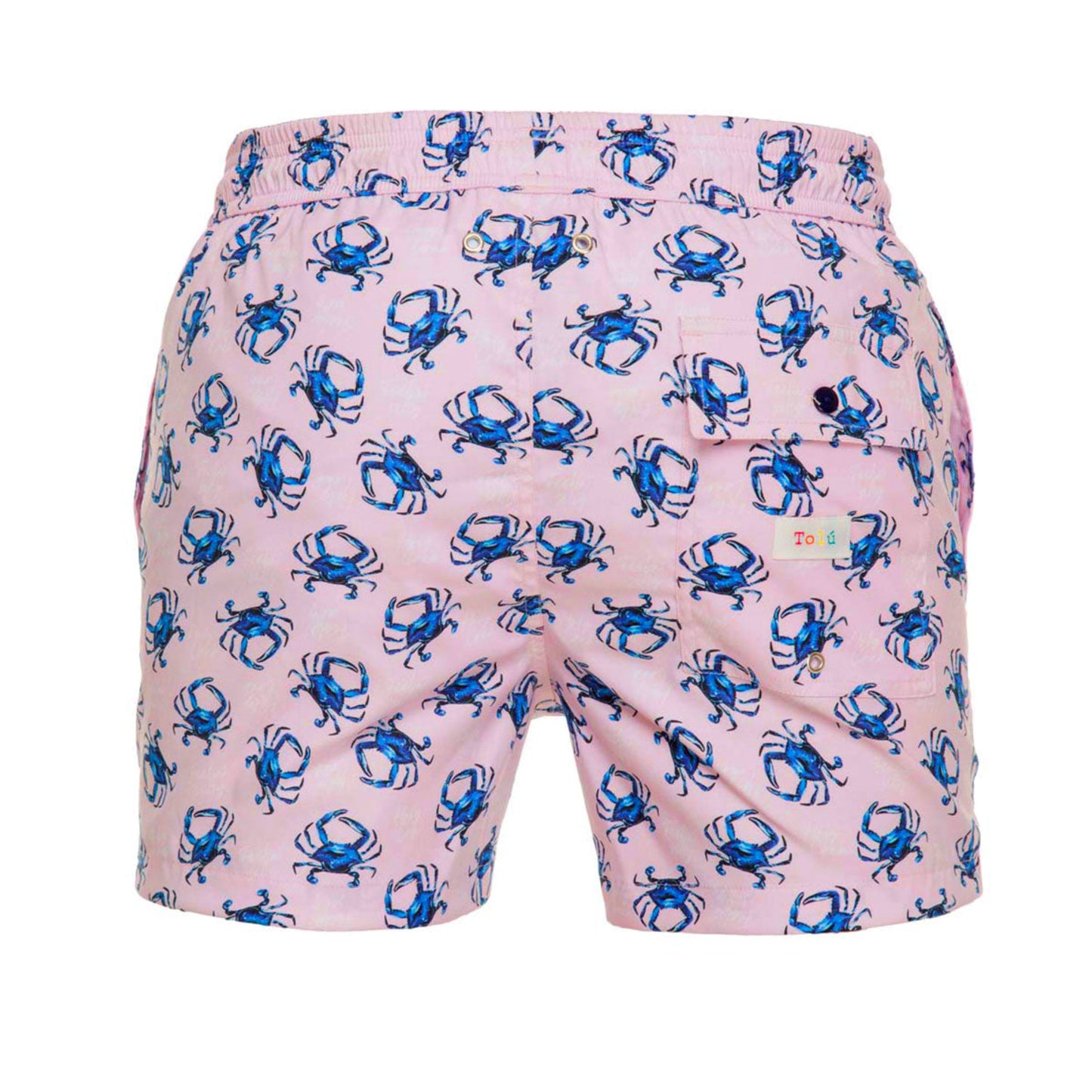 Pink swim shorts with blue crab pattern on a white background