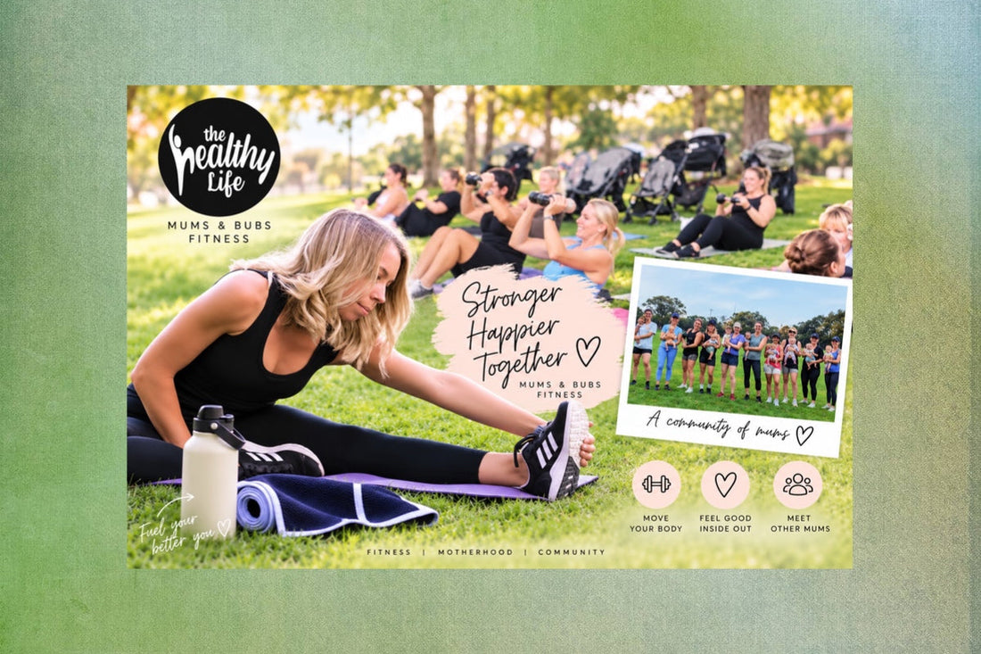 Mums and bubs outdoor fitness class in Sydney with women exercising in a park, prams nearby, fitness trainer, water bottle and gym towel.