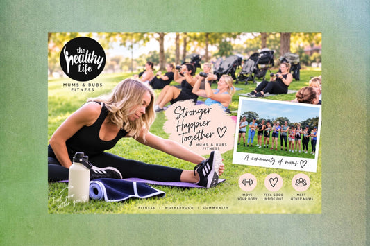 Mums and bubs outdoor fitness class in Sydney with women exercising in a park, prams nearby, fitness trainer, water bottle and gym towel.