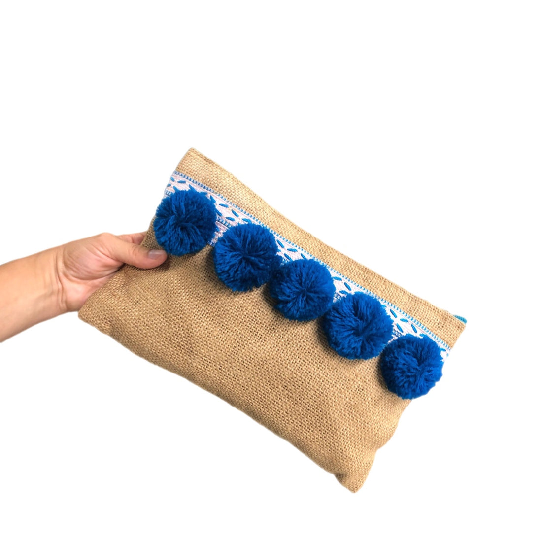 Blue Pompom Yute Clutch Bag