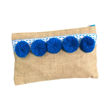 Blue Pompom Yute Clutch Bag