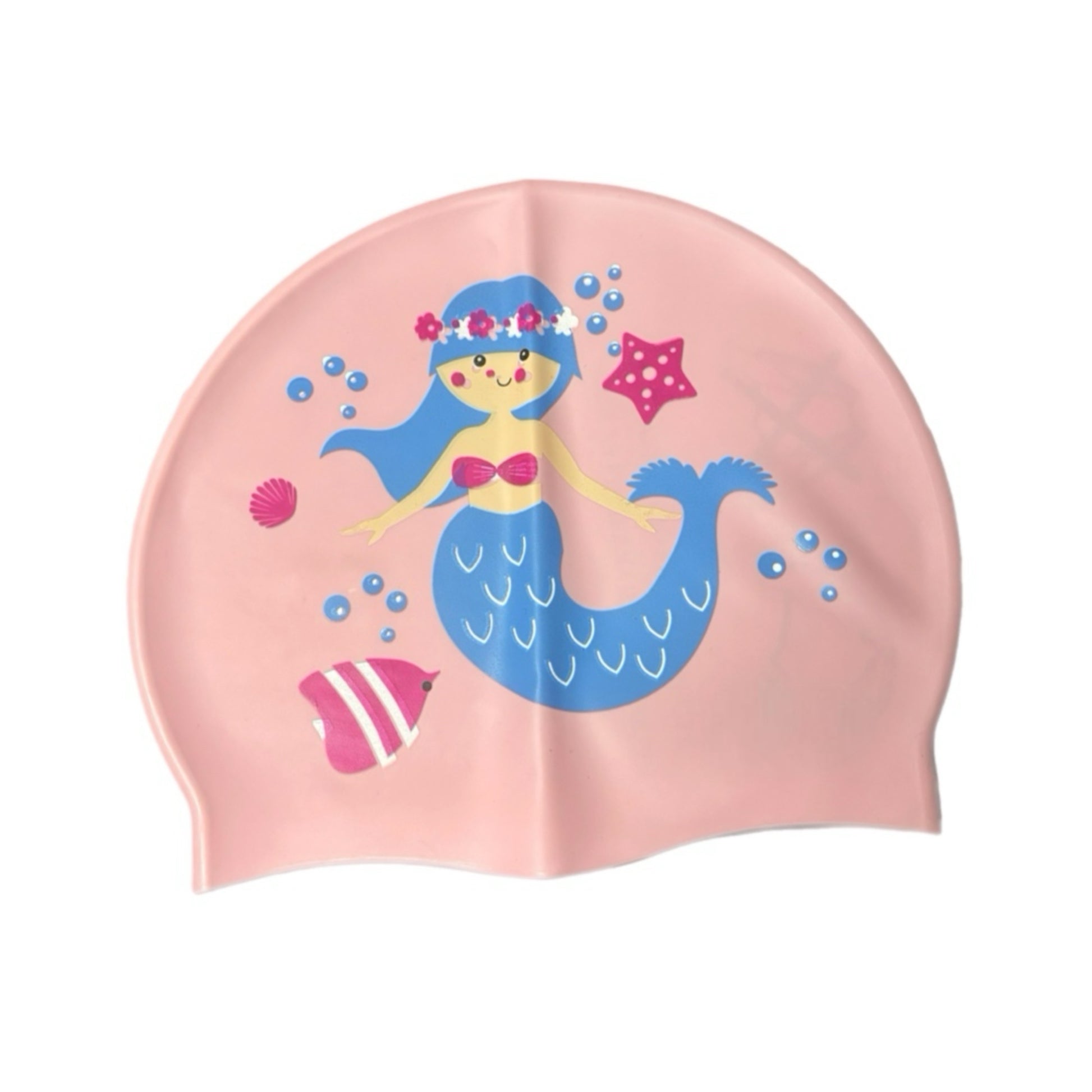 Pink swim cap with mermaid design on a white background