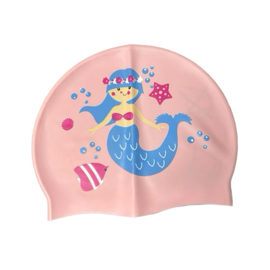Pink swim cap with mermaid design on a white background