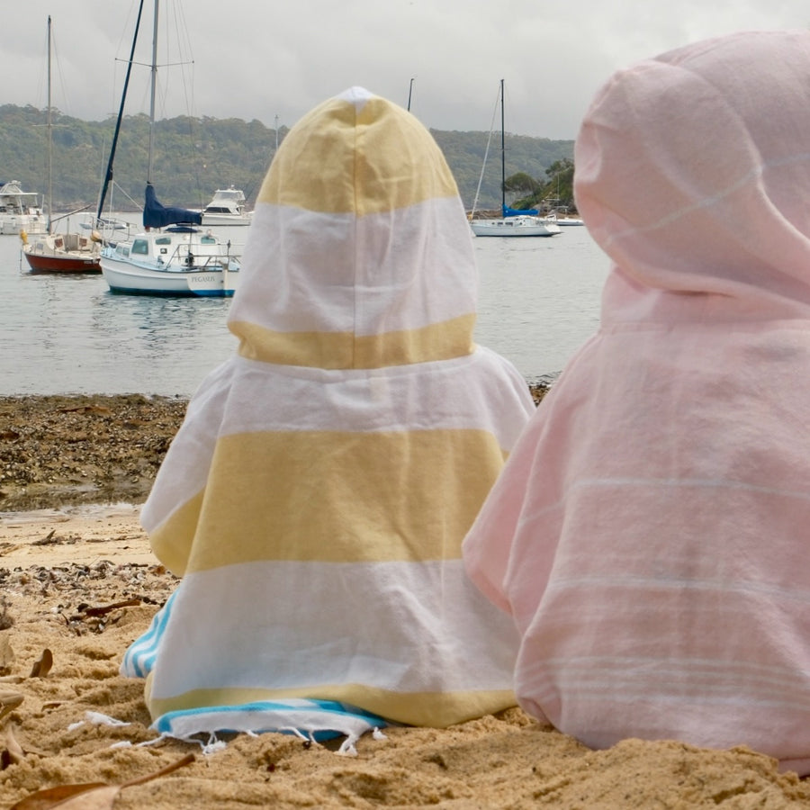 Yellow and Blue Kids Hooded Poncho Beach Towel