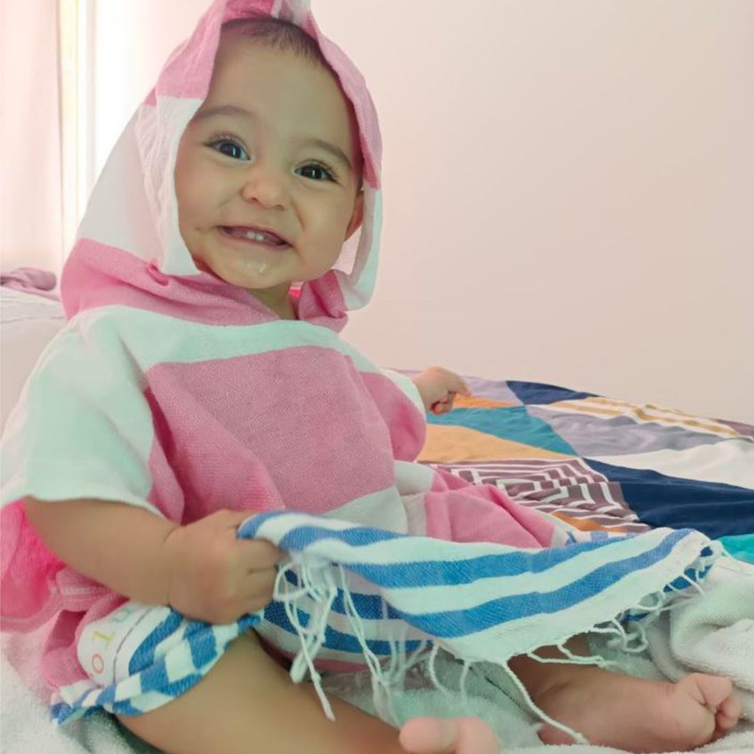 Pink and Blue Kids Hooded Poncho Beach Towel