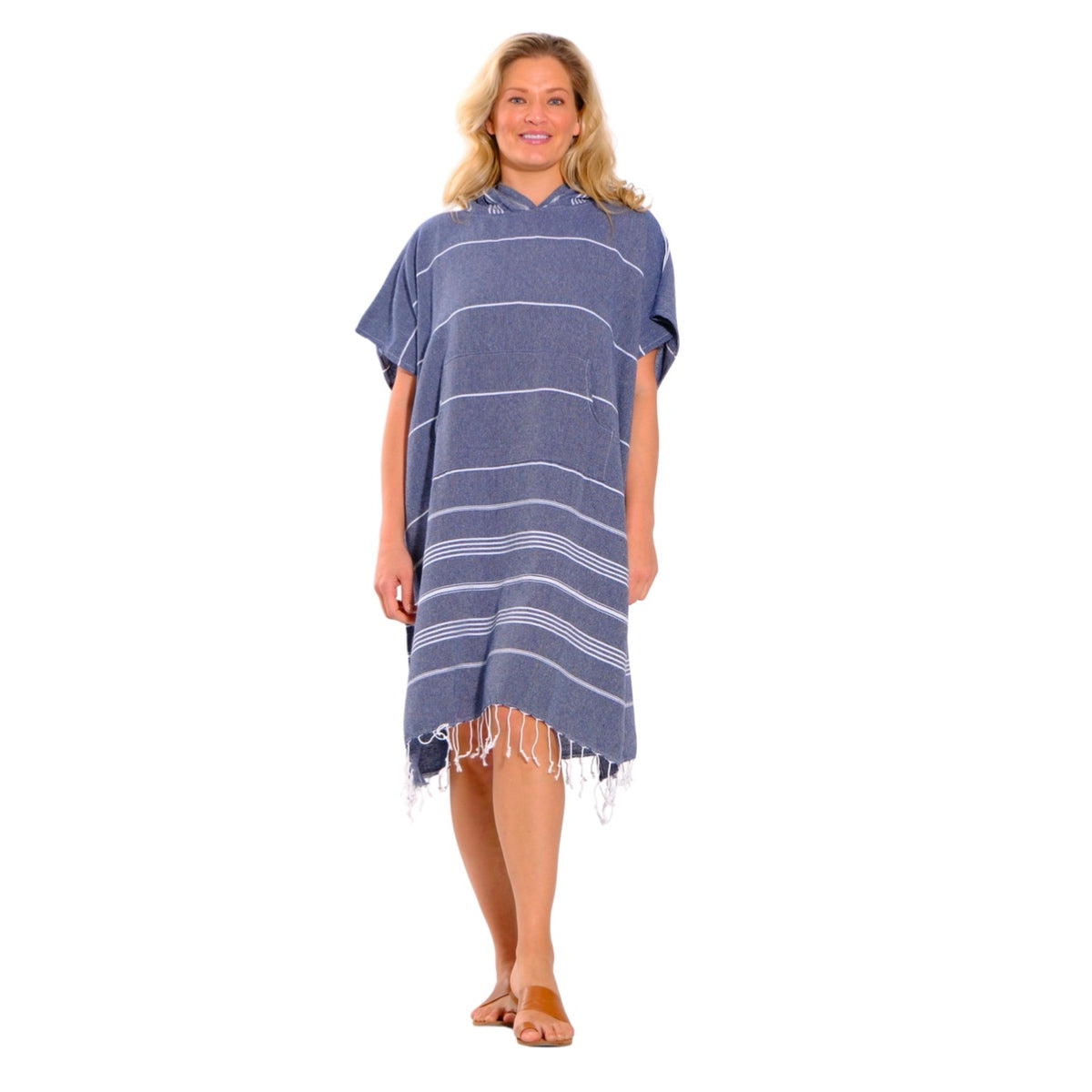 Adult Hooded Beach Towel in Navy Stripes – Quick-Dry Swim Poncho for Swimming & Surfing