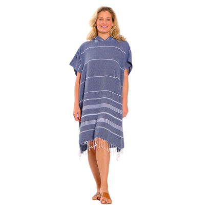 Adult Hooded Beach Towel in Navy Stripes – Quick-Dry Swim Poncho for Swimming & Surfing