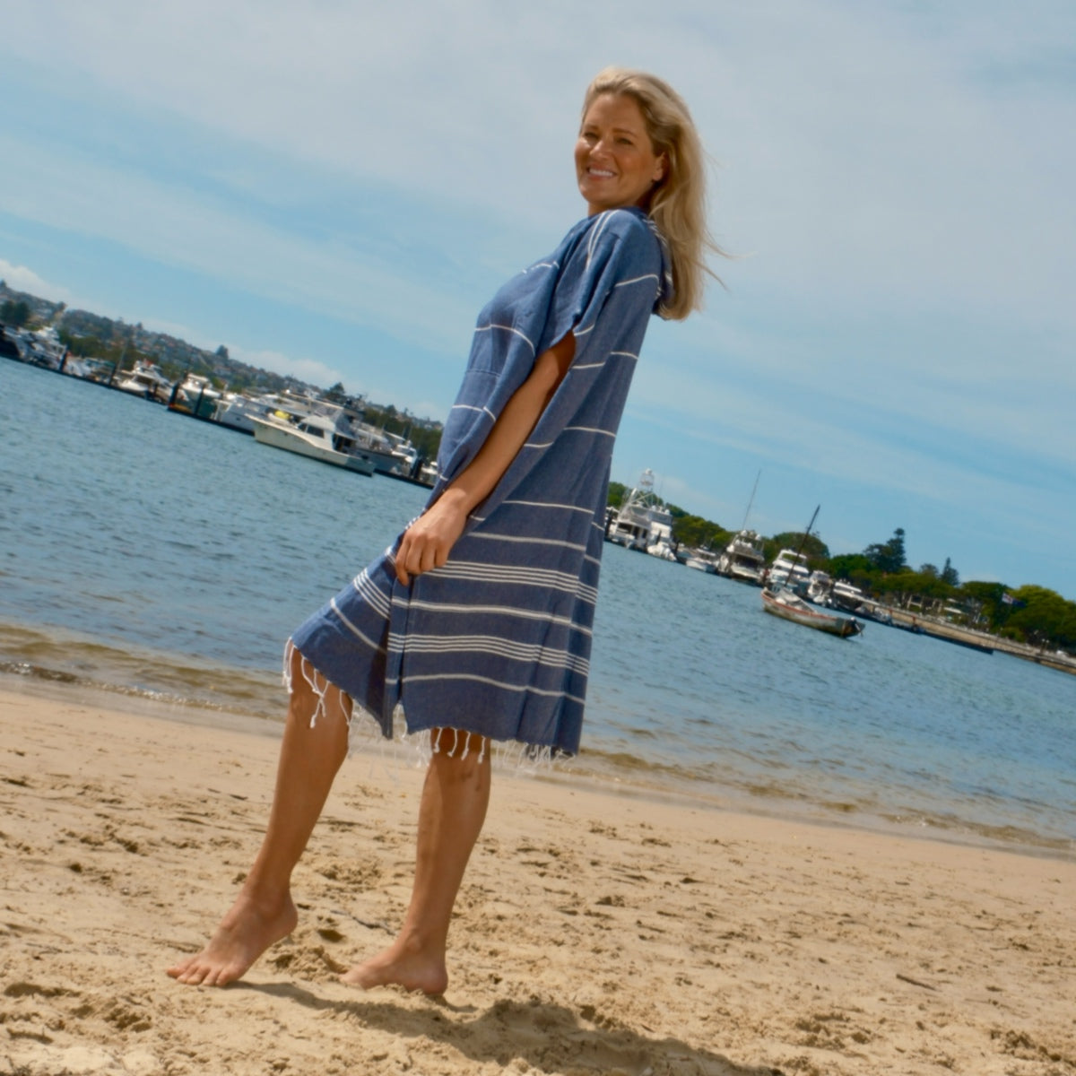 Adult Hooded Beach Towel in Navy Stripes – Quick-Dry Swim Poncho for Swimming & Surfing
