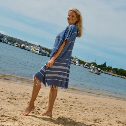 Adult Hooded Beach Towel in Navy Stripes – Quick-Dry Swim Poncho for Swimming & Surfing