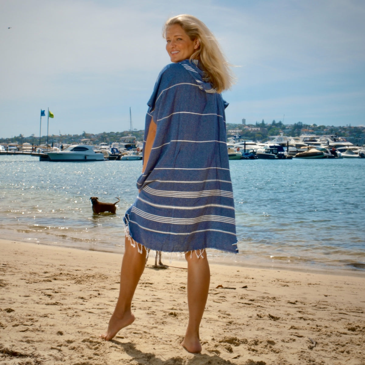 Adult Hooded Beach Towel in Navy Stripes – Quick-Dry Swim Poncho for Swimming & Surfing