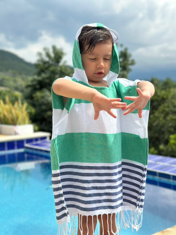 Green and Blue Kids Hooded Poncho Beach Towel