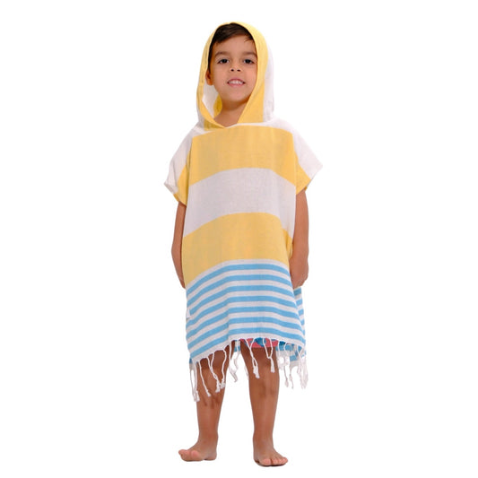 Yellow and Blue Kids Hooded Poncho Beach Towel