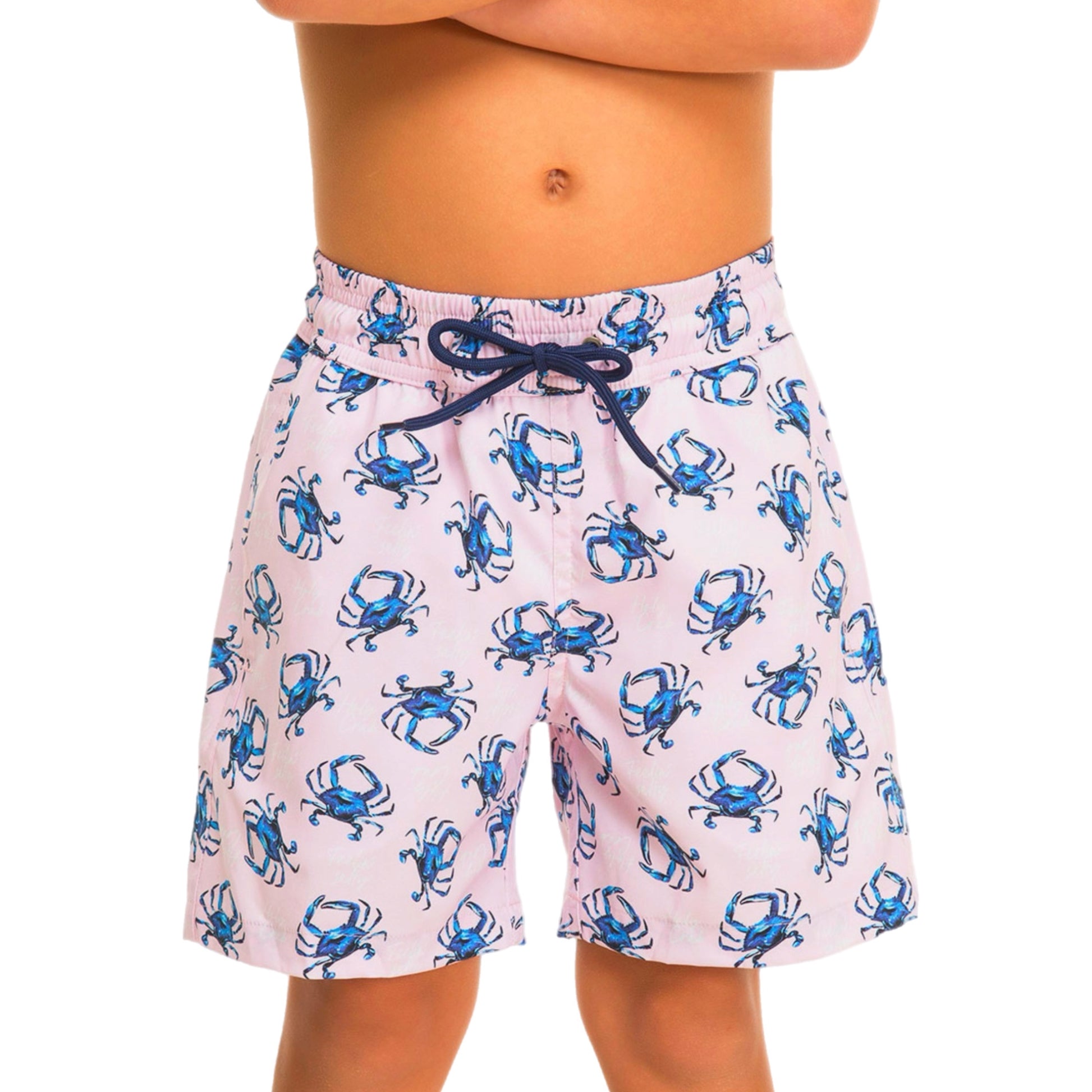 Swim shorts with blue crab pattern on a white background