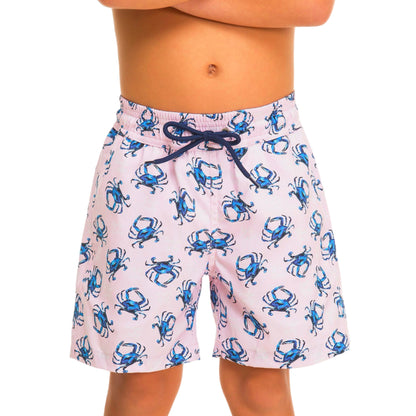 Swim shorts with blue crab pattern on a white background