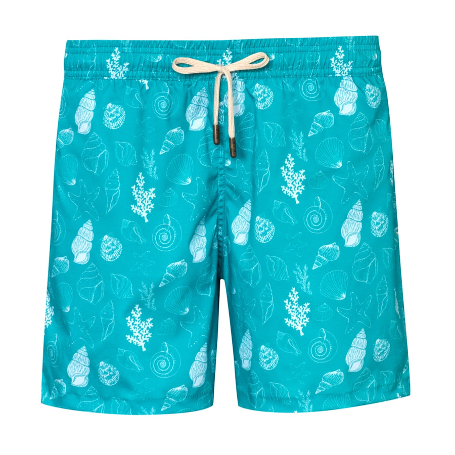 Mens' Turquoise Swim Shorts with Shells and Corals