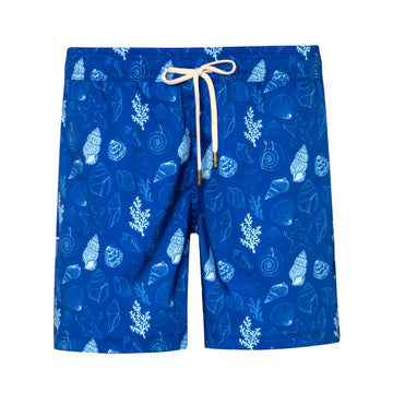 Mens' Blue Swim Shorts with Shells and Corals