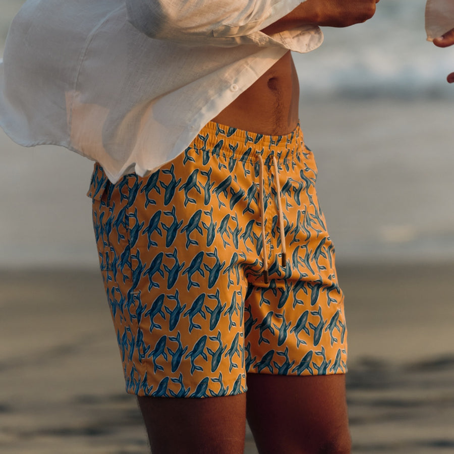 Mens' Yellow Swim Shorts with Whales