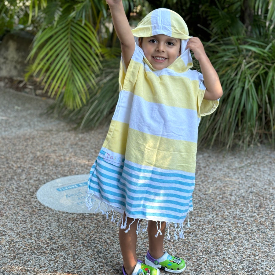 Yellow and Blue Kids Hooded Poncho Beach Towel